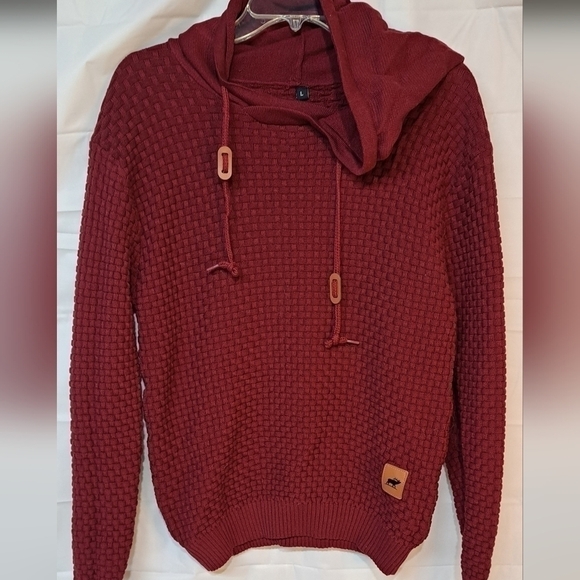 Zaitun Men's Hooded Sweatshirt Sweater Pullover Solid Knitted Maroon Size Large - Picture 2 of 15